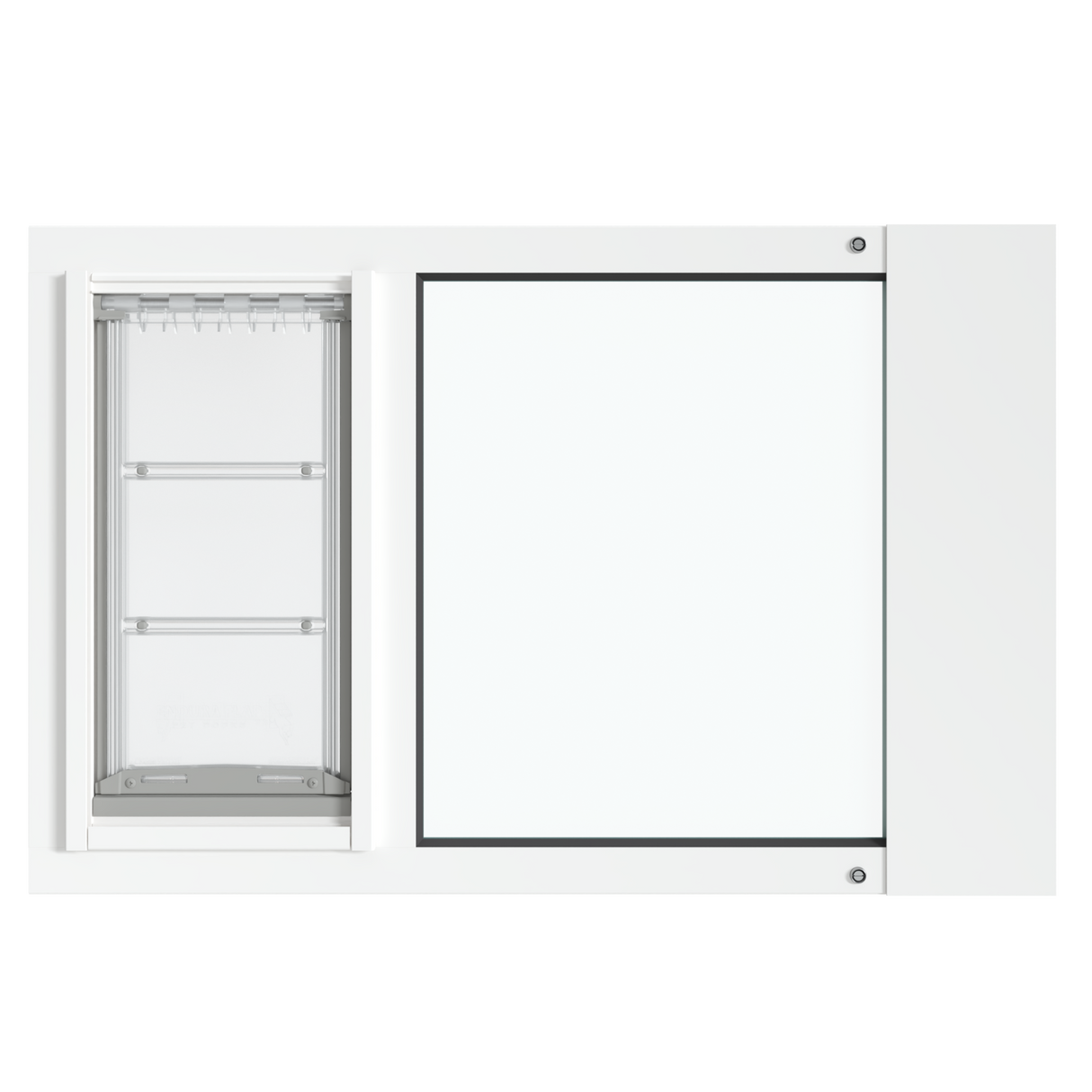 A frontal view of the white Thermo Sash 3e pet window solution for cats, ready for installation in a sash window. This is a convenient window pet door for cats.