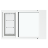 A frontal view of the white Thermo Sash 3e pet window solution for cats, ready for installation in a sash window. This is a convenient window pet door for cats.