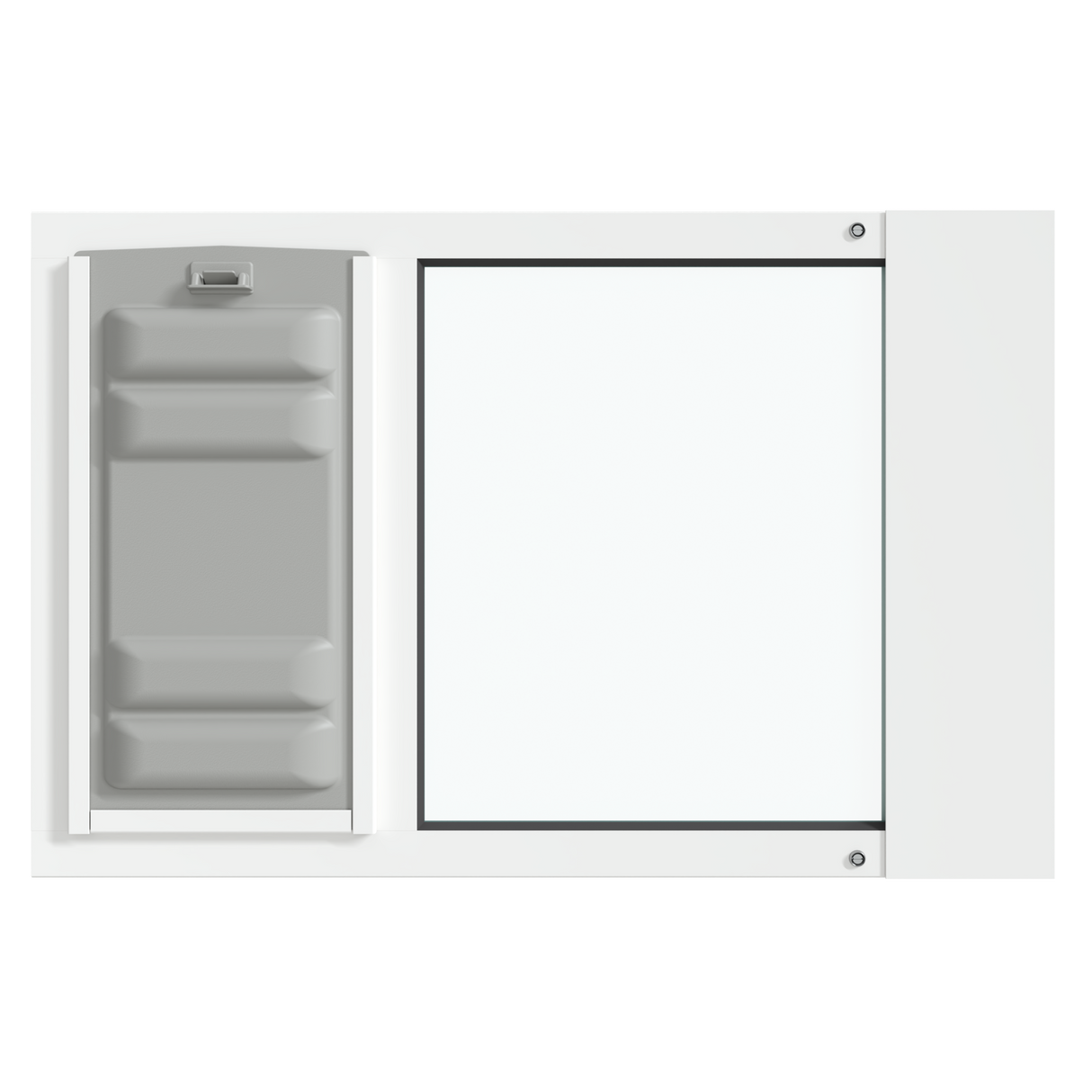 The white Thermo Sash 3e pet door is shown from the front, featuring the Endura Flap, designed for sash windows