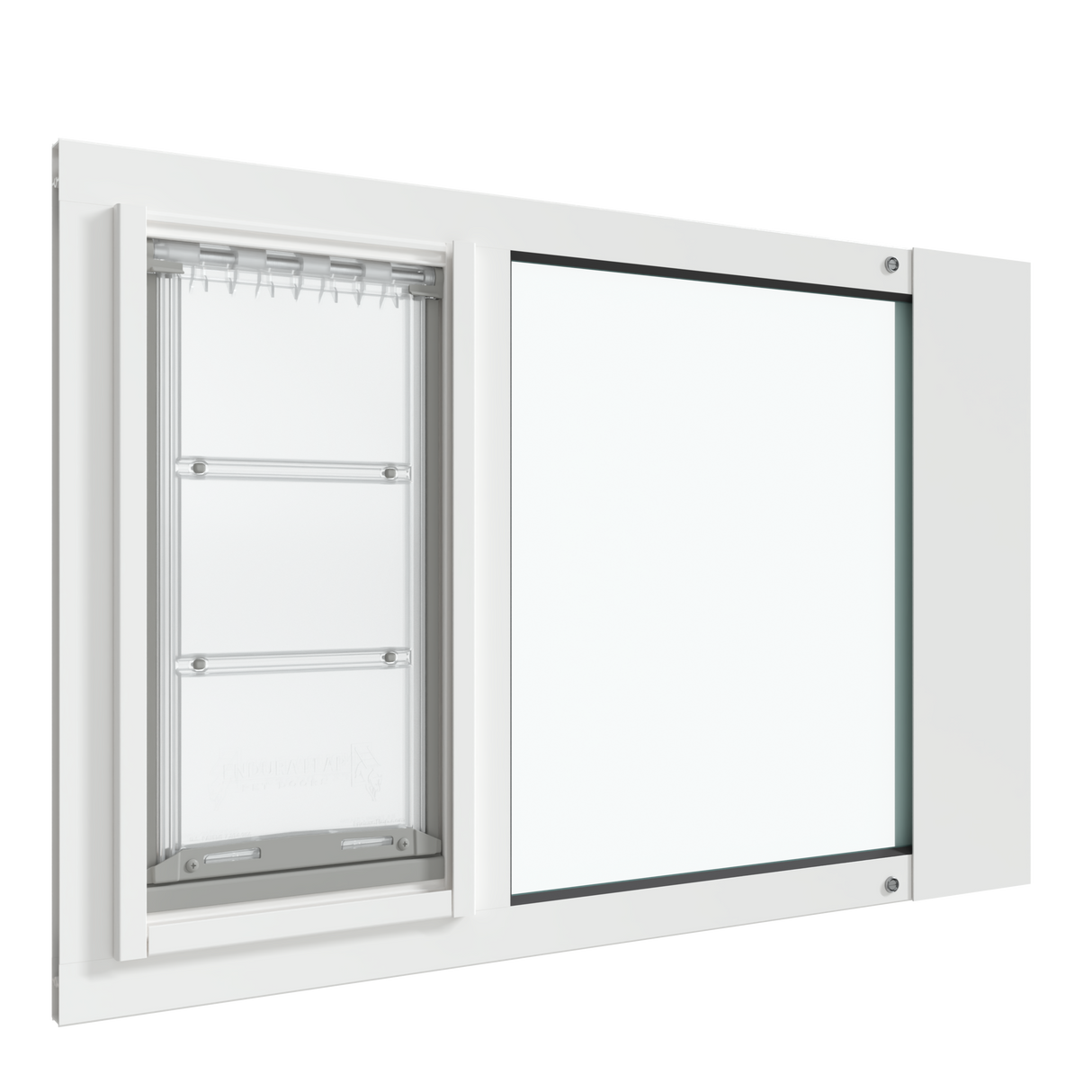 A white Thermo Sash 3e cat flap for window is displayed, designed for seamless integration with sash windows. This pet door offers a secure entry and exit point