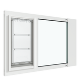 A white Thermo Sash 3e cat flap for window is displayed, designed for seamless integration with sash windows. This pet door offers a secure entry and exit point