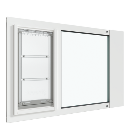 A white Thermo Sash 3e cat flap for window is displayed, designed for seamless integration with sash windows. This pet door offers a secure entry and exit point