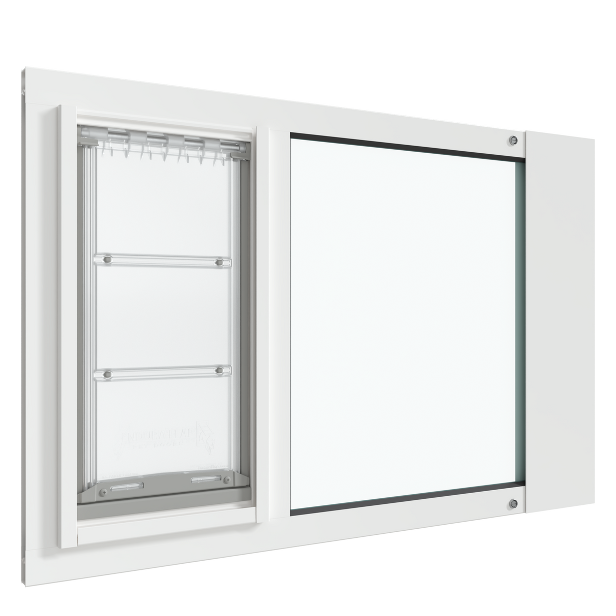 A white Thermo Sash 3e pet door for window is displayed, designed for seamless integration with sash windows. This window pet door can also function as a small window cat door.