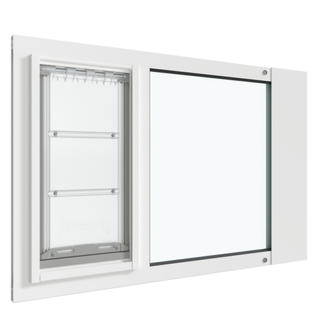 A white Thermo Sash 3e pet door for window is displayed, designed for seamless integration with sash windows. This window pet door can also function as a small window cat door.