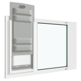 An angled view of the white Thermo Sash 3e cat doors installed in a sash window with the Endura Flap slightly raised