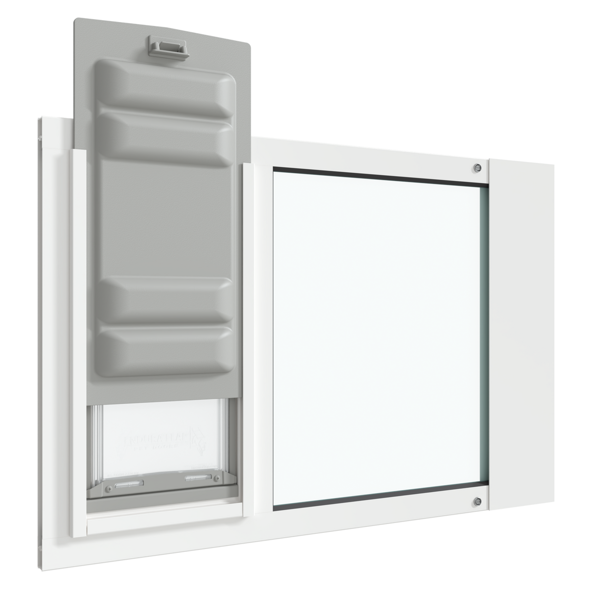 An angled view of the white Thermo Sash 3e sash window cat door with the Endura Flap slightly raised, illustrating its use as a cat door in window.
