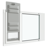 An angled view of the white Thermo Sash 3e sash window cat door with the Endura Flap slightly raised, illustrating its use as a cat door in window.