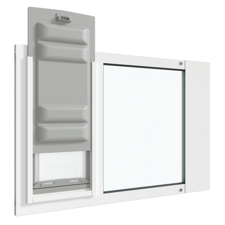 An angled view of the white Thermo Sash 3e sash window cat door with the Endura Flap slightly raised, illustrating its use as a cat door in window.