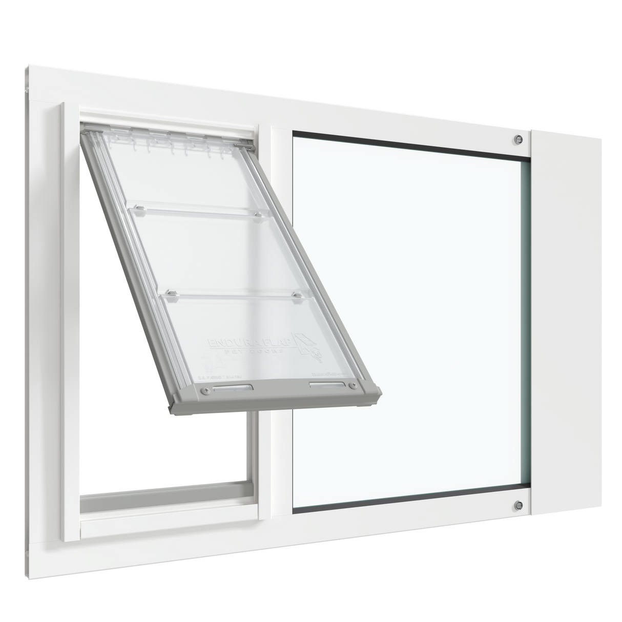 A white Thermo Sash 3e window doggy door (primarily for cats) is shown open, installed in a sash window. This adjustable cat door for window provides easy access_Color_White