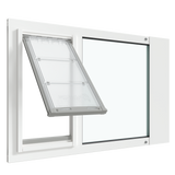 A white Thermo Sash 3e window doggy door (primarily for cats) is shown open, installed in a sash window. This adjustable cat door for window provides easy access_Color_White