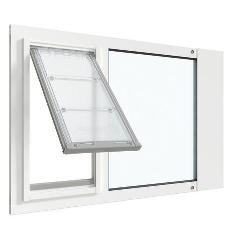 A white Thermo Sash 3e window doggy door (primarily for cats) is shown open, installed in a sash window. This adjustable cat door for window provides easy access_Color_White