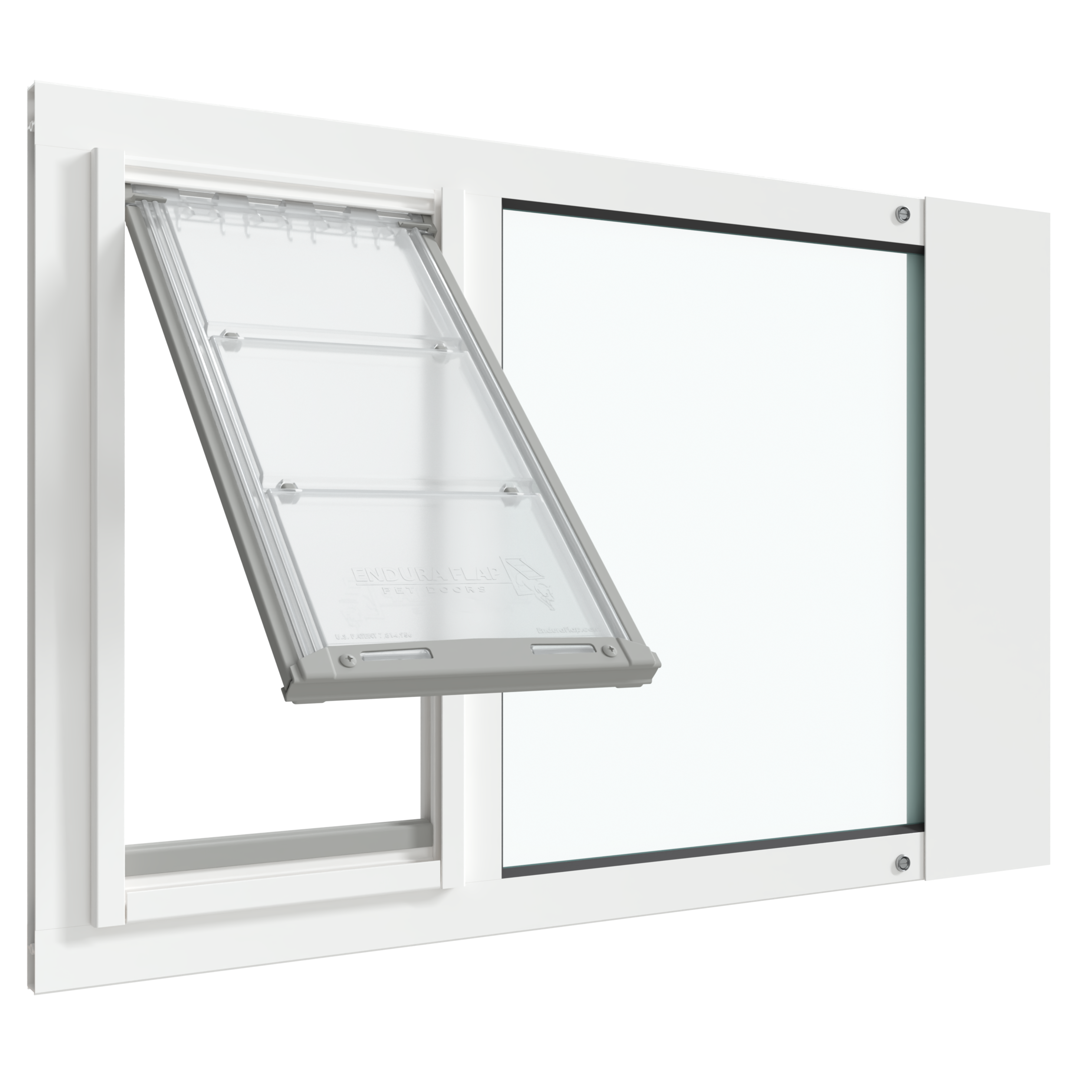 A white Thermo Sash 3e cat door for window is shown open, installed in a sash window. This window cat door is an adjustable cat door for window and acts as a secure cat door window insert.._Color_White