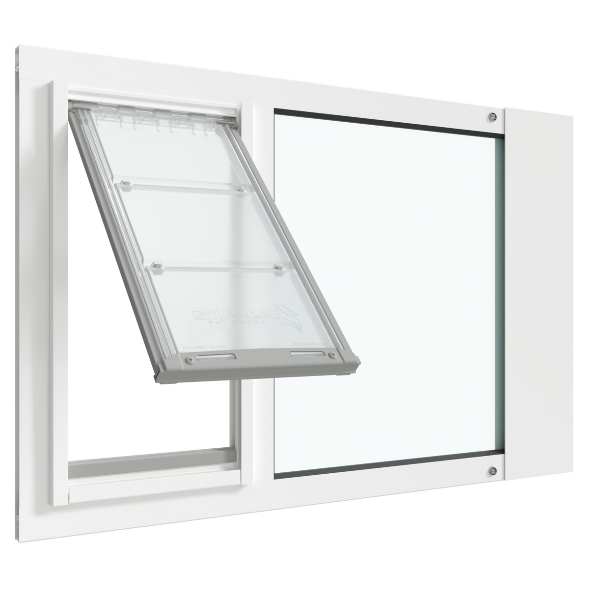 A white Thermo Sash 3e cat door for window is shown open, installed in a sash window. This window cat door is an adjustable cat door for window and acts as a secure cat door window insert.._Color_White