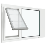 A white Thermo Sash 3e cat door for window is shown open, installed in a sash window. This window cat door is an adjustable cat door for window and acts as a secure cat door window insert.._Color_White