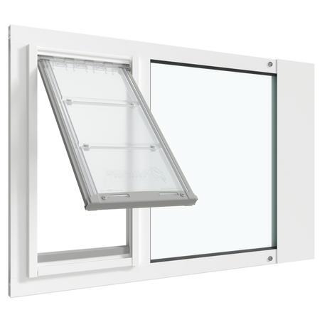 A white Thermo Sash 3e cat door for window is shown open, installed in a sash window. This window cat door is an adjustable cat door for window and acts as a secure cat door window insert.._Color_White