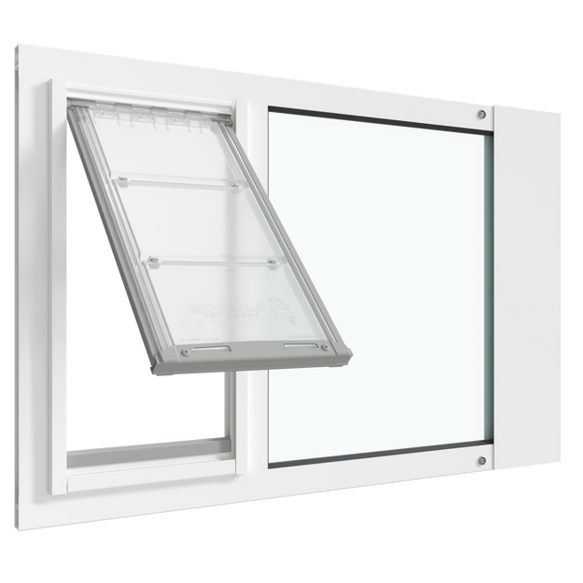 A white Thermo Sash 3e cat door for window is shown open, installed in a sash window. This window cat door is an adjustable cat door for window and acts as a secure cat door window insert.._Color_White