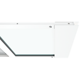 The top section of the white Thermo Sash 3e best cat door for window is shown closed in a sash window, illustrating its secure fit