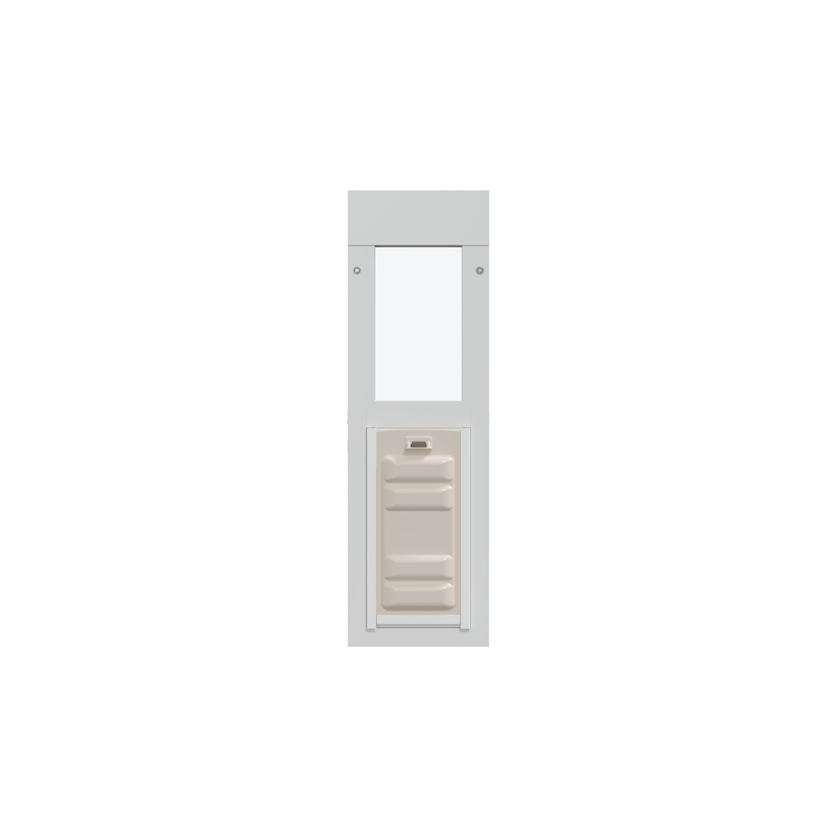 A white pet door with a clear top portion and a multi-panel beige bottom panel.