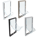 Four pet door inserts with flexible, transparent flaps and different colored frames.