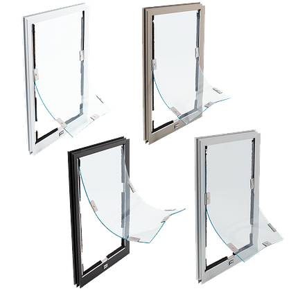 Four pet door inserts with flexible, transparent flaps and different colored frames.