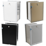 Four small, partly open metal cabinets in white, brown, black, and gray.