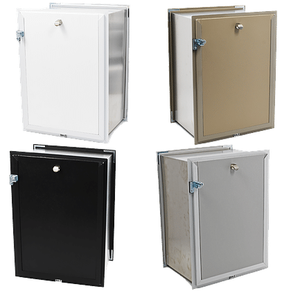 Four small, partly opened metal cabinets in white, tan, black, and gray are displayed.