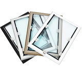 The image shows a stack of four window inserts with different colored frames.