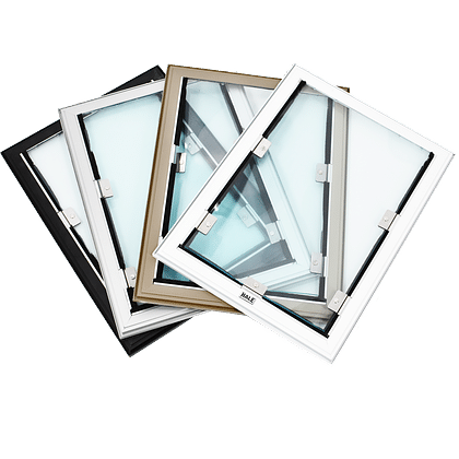 The image shows a stack of four window inserts with different colored frames.
