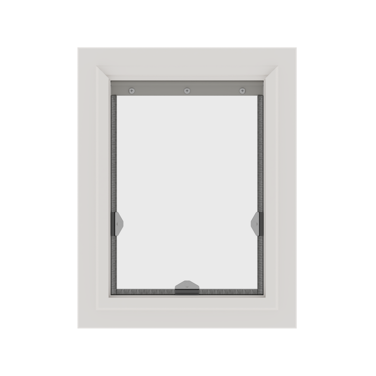 White window frame with a gray retractable insect screen.