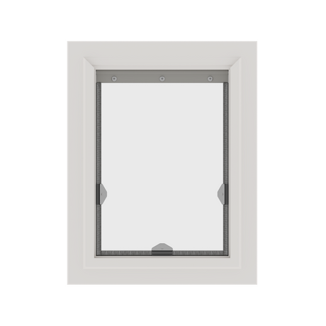White window frame with a gray retractable insect screen.