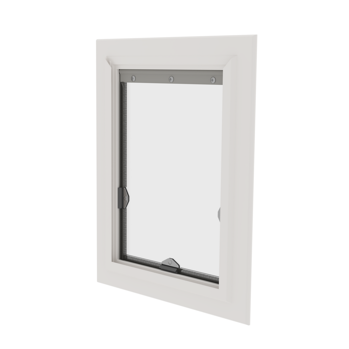 White-framed window with a screen on a white background.