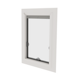 White-framed window with a screen on a white background.