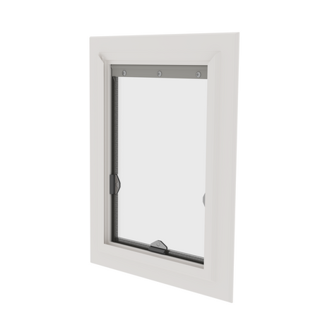 White-framed window with a screen on a white background.