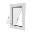 Clear vinyl flap alternative for Pride pet doors, white trim with the rigid flap pivoted outward in the open position, three-quarter view.