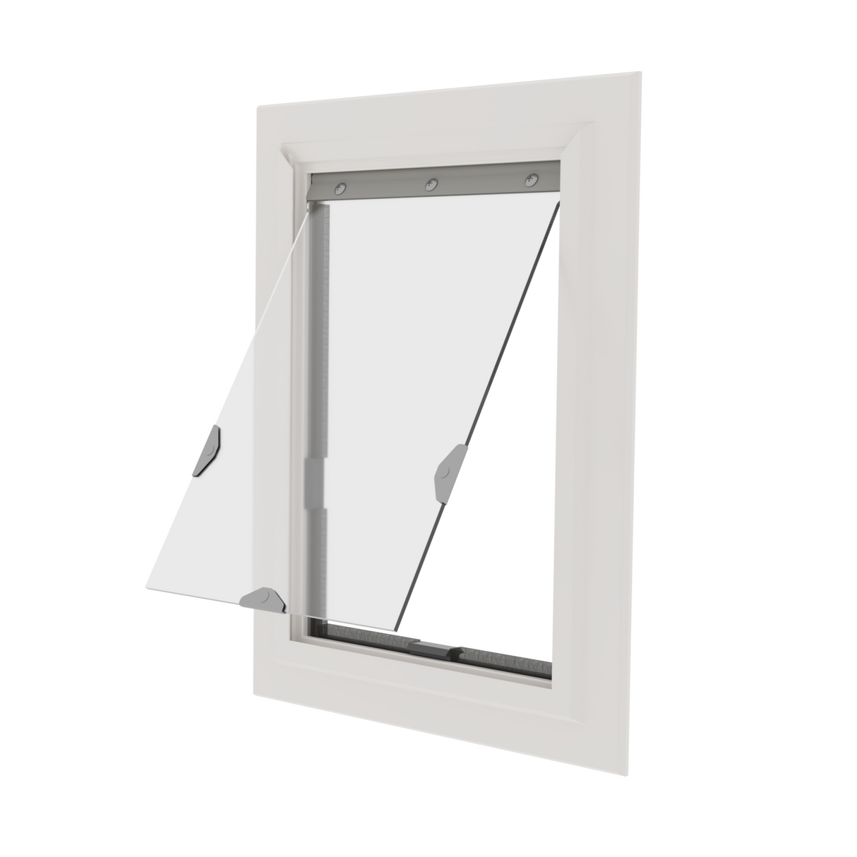 Awning window with clear glass panel, white frame, and gray metal hardware, shown ajar against a white background.
