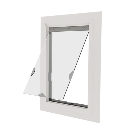Awning window with clear glass panel, white frame, and gray metal hardware, shown ajar against a white background.