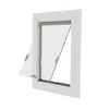 Clear vinyl flap alternative for Pride pet doors, white trim with the rigid flap pivoted outward in the open position, three-quarter view.