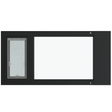 Liberty pet door for black sash windows, wide horizontal black aluminum sash insert with the pet door section on the left and a clear glass section on the right two-thirds, shown front-on.