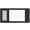 Liberty pet door for black sash windows, wide horizontal black aluminum sash insert with the pet door section on the left and a clear glass section on the right two-thirds, shown front-on.