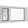 Liberty pet door for white sash windows, wide horizontal white aluminum sash insert with the pet door flap angled open and a clear glass section on the right two-thirds, shown in three-quarter view.