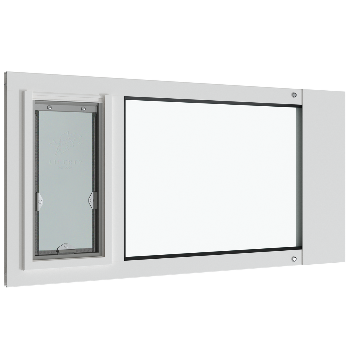 Black-framed window insert with a Liberty brand pet door.