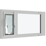 Liberty pet door for white sash windows, wide horizontal sash insert with the pet door flap angled open and a clear glass section on the right, shown in three-quarter view.
