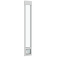 Liberty cat door patio panel for a slider, narrow aluminum patio panel with the small pet door flap swung open at the bottom and a clear glass pane above, shown in three-quarter view.