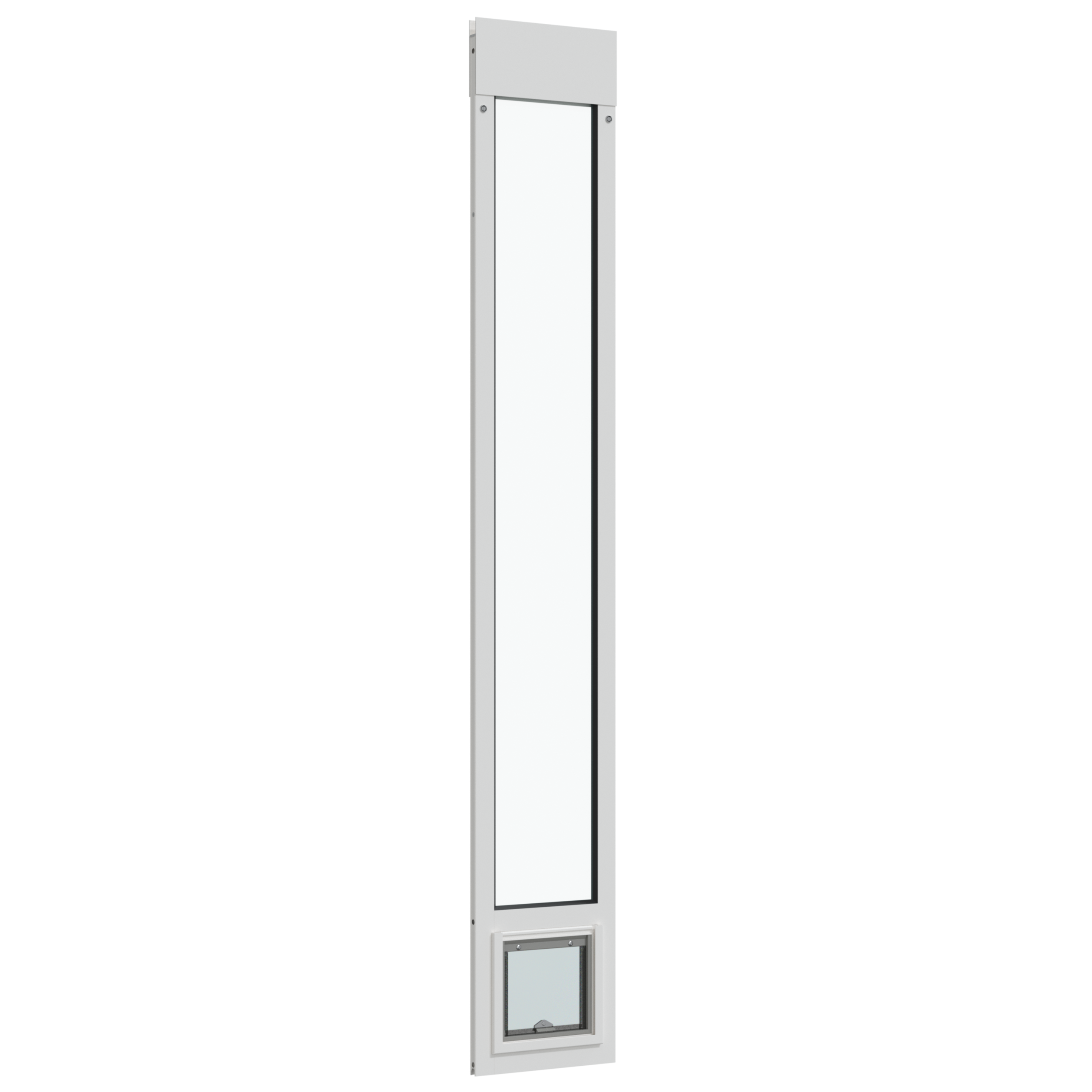 A black patio door insert with clear window and pet door.