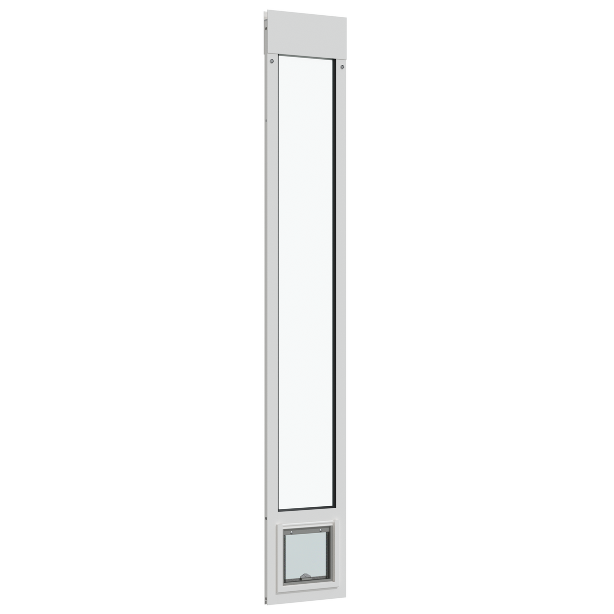 A black patio door insert with clear window and pet door.