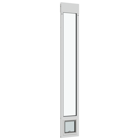 A black patio door insert with clear window and pet door.