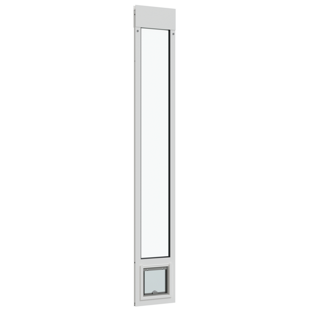 A black patio door insert with clear window and pet door.