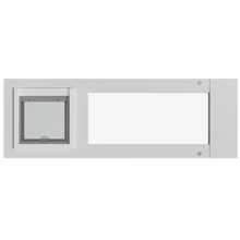 White framed window with a pet door.