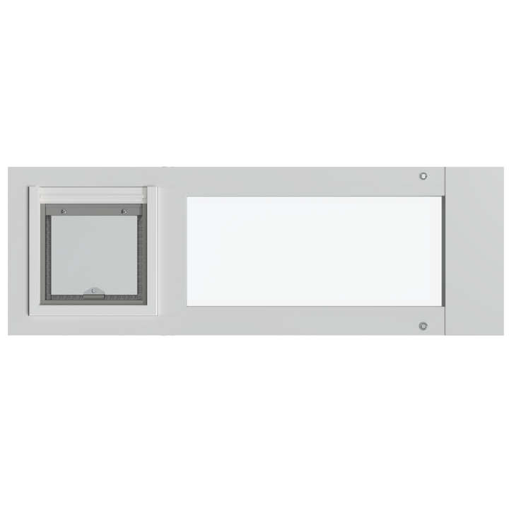 White framed window with a pet door.