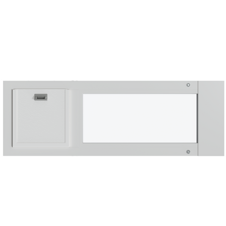 White cabinet with a textured door and a clear window.